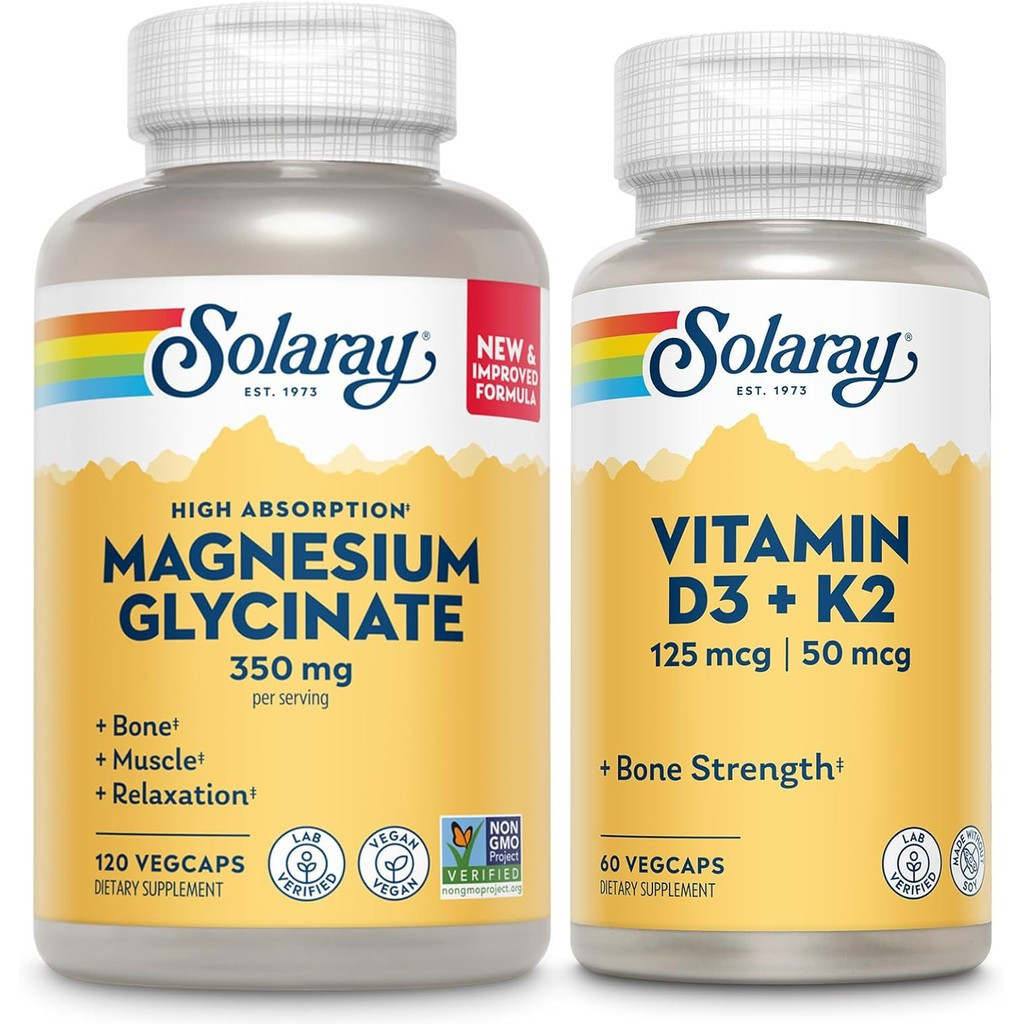 SOLARAY Magnesium Glycinate and Vitamin D3 K2 Bundle - High Absorption Chelated Magnesium Bisglycina