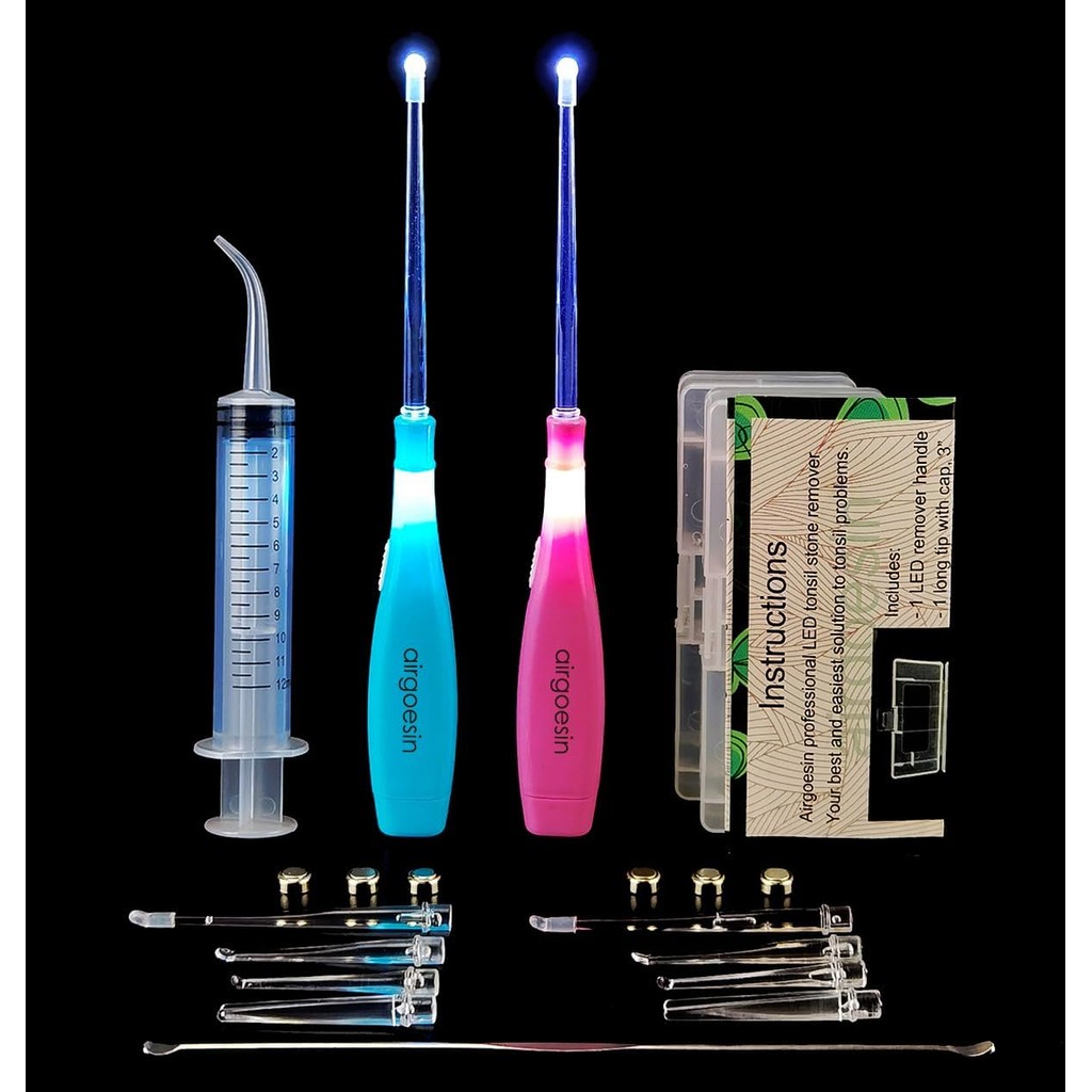 Airgoesin Upgraded 2 Lighted Tonsil Stone Remove Tool Tonsillolith Pick + Irrigation Clean Syringe F