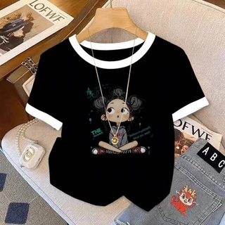 เสื้อยืดคอกลมแขนสั้นลายพิมพ์ตัวอักษรน่ารักสำหรับเด็กผู้หญิงในช่วงฤดูร้อนปี ใหม่สาวอวบใส่ได้ คอกลม เสื้อยืมีหลายสีให้เลือ