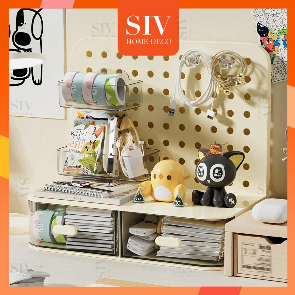 SIV Pegboard Desktop Organizer พร้อมลิ้นชักคู่และถังอุปกรณ์เสริม – ที่เก็บโต๊ะมัลติฟังก์ชั่น