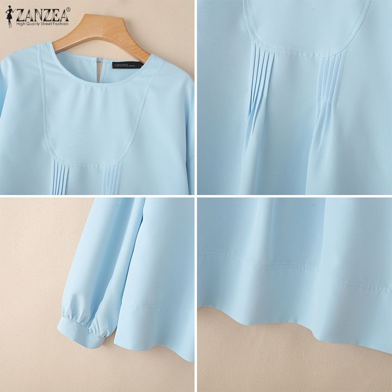 ZANZEA สำหรับผู้หญิง เสื้อเชิ้ตลายเกาหลีแขนยาว สีทึบ การเย็บอย่างประณีต — صورة 8
