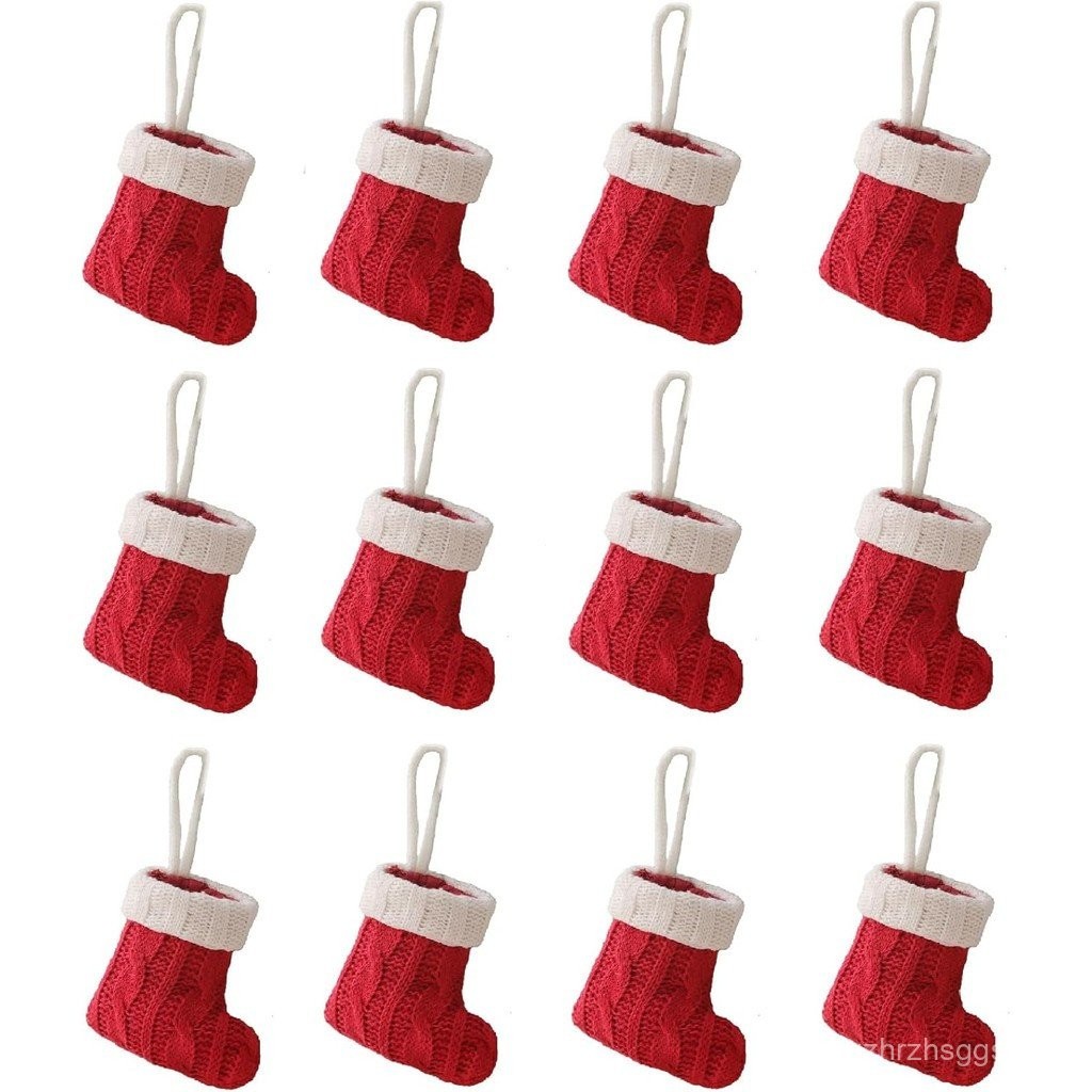 12Mini Christmas Stocking Christmas Tableware Bag Tableware Holder ถัก Christmas Stocking Santa Boot