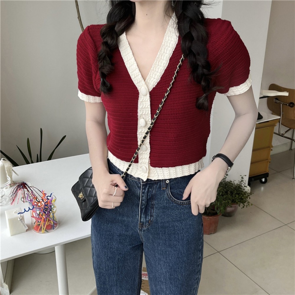 ถูกสุด ผ้าไหมคอวีแขนสั้นกระดุมหน้า มี 2 สี คาร์ดิแกนตกแต่งขอบสวย น่ารัก สําหรับฤดูร้อน lzboi 27 lzb0