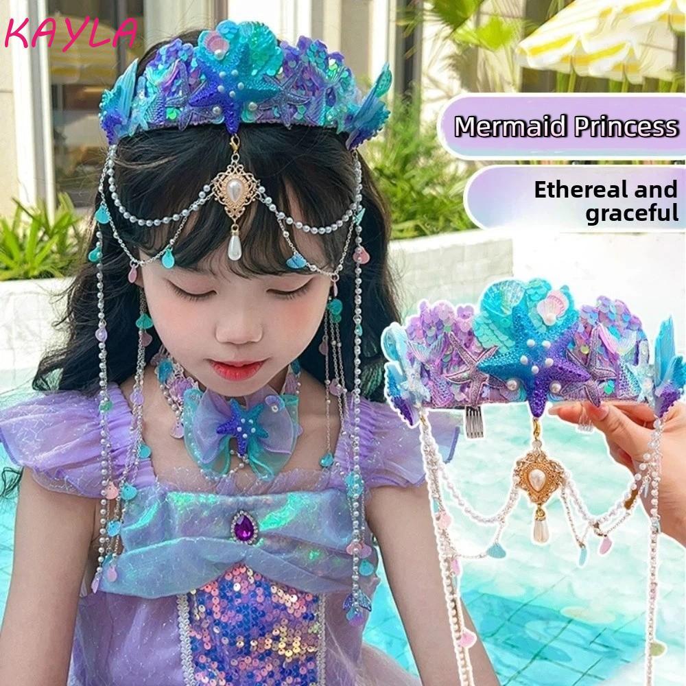 KAYLA Mermaid Princess ที่คาดผม, รอบ Tiaras Hairpin เครื่องประดับมุกหน้าผากสร้อยคอผม Hoop, Ocean สไตล์ปลาดาวพู่ Shell พู่มงกุฎของขวัญ