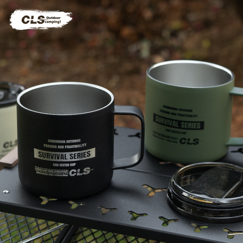 CLS Outdoor Camping Cup Mountaineering Camping ถ้วยน้ํายุทธวิธี Double-Layer สแตนเลสถ้วยเดินทางพร้อม