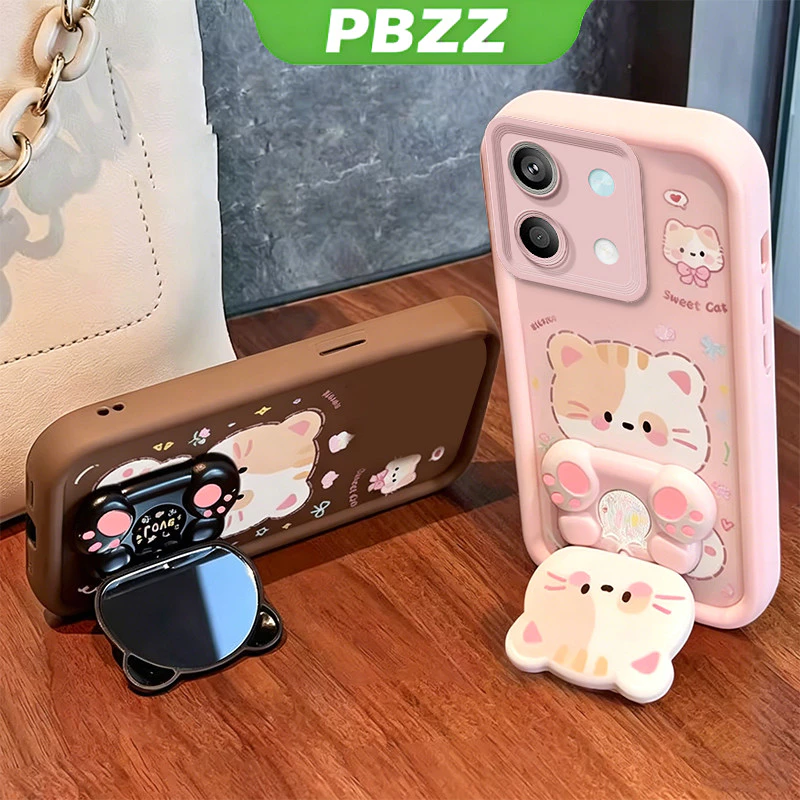 สําหรับ poco x6 F6 M6 F7 M7 F8 PRO 4G redmi 13c 5g F8 ULTRA 5G เคสโทรศัพท์ Softcase กันกระแทกความงามพร้อมผู้ถือ 360° กระจกแต่งหน้า แมวน่ารัก สําหรับเด็กผู้หญิง JTXMMZJ