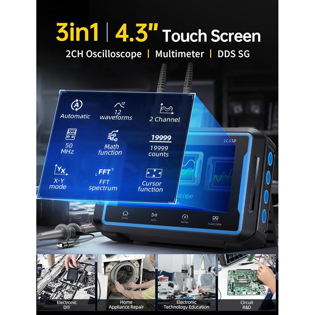 FNIRSI 2C53P มือถือแท็บเล็ต Oscilloscope มัลติมิเตอร์ DDS สัญญาณเครื่องกําเนิดไฟฟ้า 3 ใน 1, 2CH ยานย