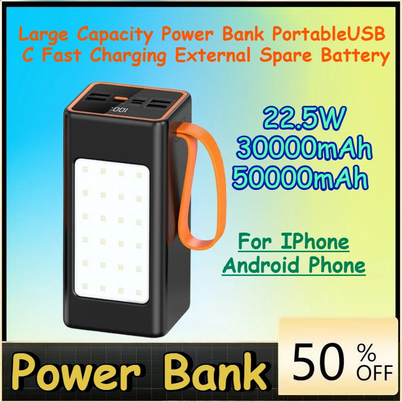 30000mAh 50000mAh 22.5W PowerBank ความจุขนาดใหญ่ PortableUSB C ชาร์จเร็วภายนอกแบตเตอรี่สํารองสําหรับ