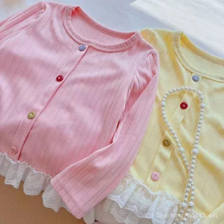 สไตล์เกาหลีหวานเด็กแขนยาวเสื้อตัวใน,ลูกไม้หอยเชลล์นัวเนียเหมครึ่งสาบปุ่มสาวเสื้อลําลอง