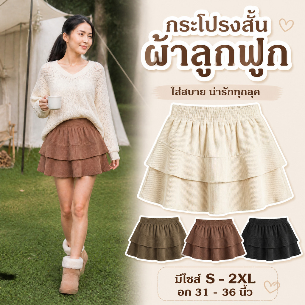 Suysuy พร้อมส่ง กระโปรงสั้น ผ้าลูกฟูก ทรงเลเยอร์ 2 ชั้น สไตล์เกาหลี แนวน่ารักเรียบง่าย มินิมอล มีซับใน เอวสม็อค