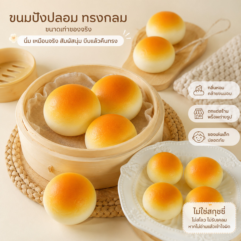 ขนมปังปลอม ขนาดเท่าขนมจริง สัมผัสนิ่ม บีบแล้วคืนทรง ไม่ใช่สกุชชี่ บางแบบมีกลิ่นหอม เหมาะตกแต่งร้าน พร็อพถ่ายรูป