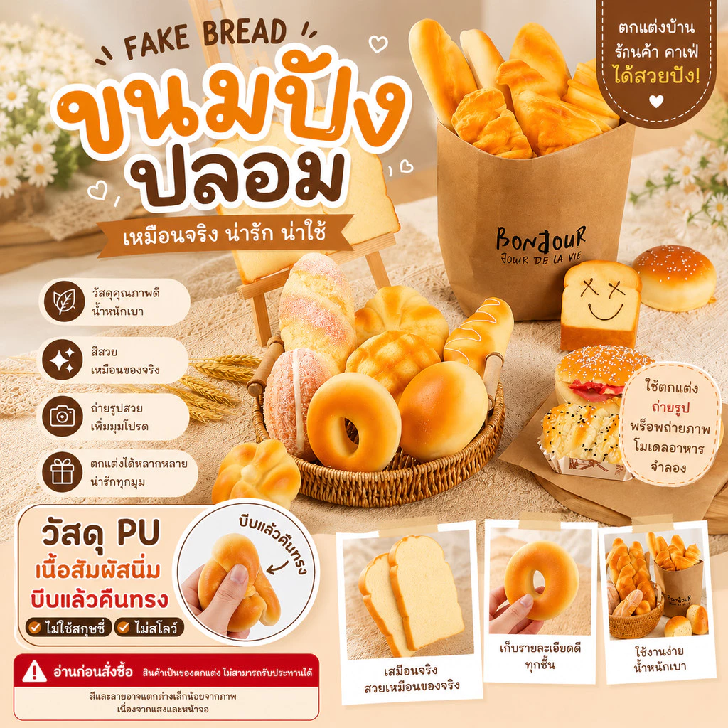 ขนมปังปลอม โมเดลขนมปัง ขนาดเท่าขนมจริง สัมผัสนิ่ม ไม่ใช่สกุชชี่ บางแบบมีกลิ่นหอมคล้ายขนมเลย เหมาะตกแต่งร้าน พร็อพถ่ายรูป