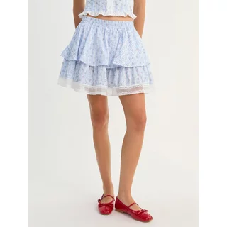 [Pomelo] กระโปรงสั้นลายสก็อตดอกไม้แต่ระบายลูกไม้ / Ruffle Trim Gingham Floral Mini Skirt