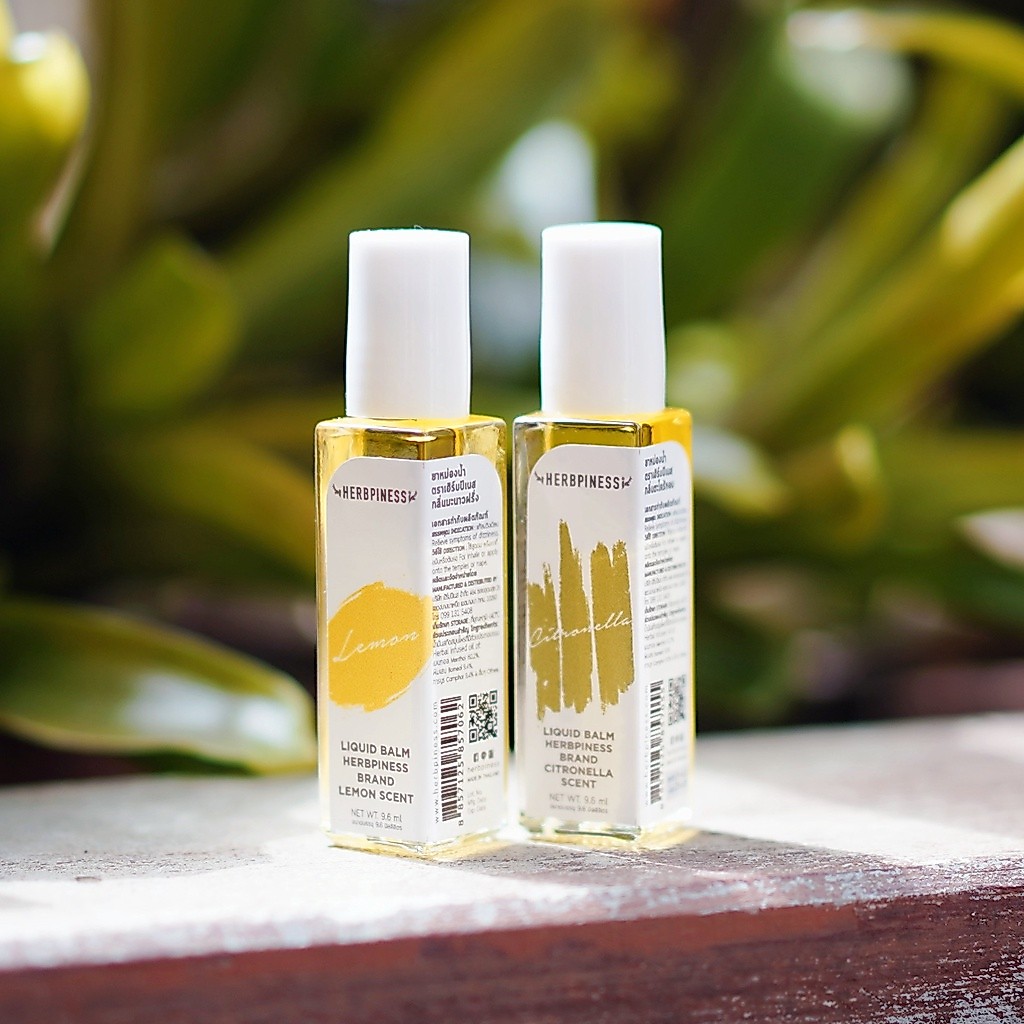 ยาหม่องน้ำ Herbpiness 2 in 1 ใช้ดม+ทา กลิ่นมะนาวฝรั่ง | กลิ่นตะไคร้หอม HERBAL LIQUID BALM : LEMON | CITRONELLA