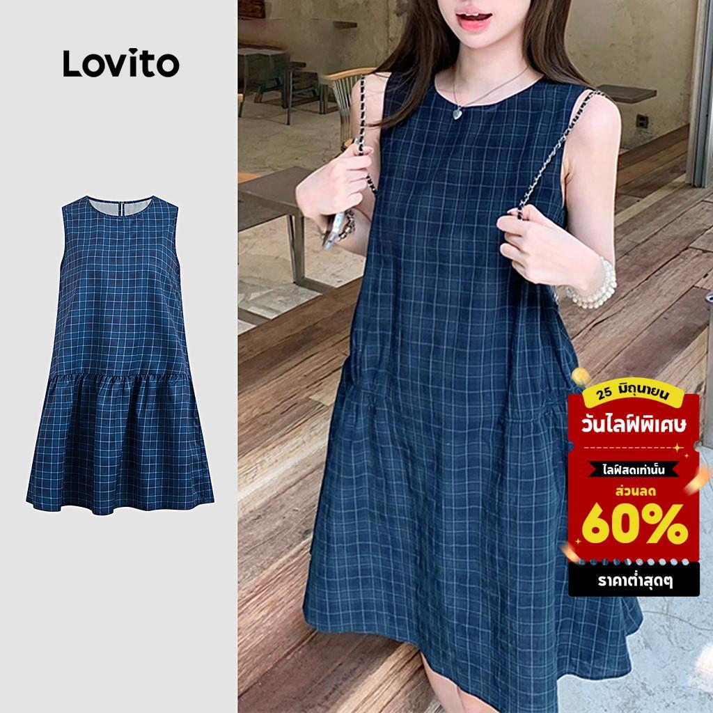 Lovito ลำลอง เดรสลําลองระบายชายฤดูใบไม้ผลิ/ฤดูร้อนเดรสสีน้ําเงินกรมท่าสําหรับผู้หญิง L164LD121
