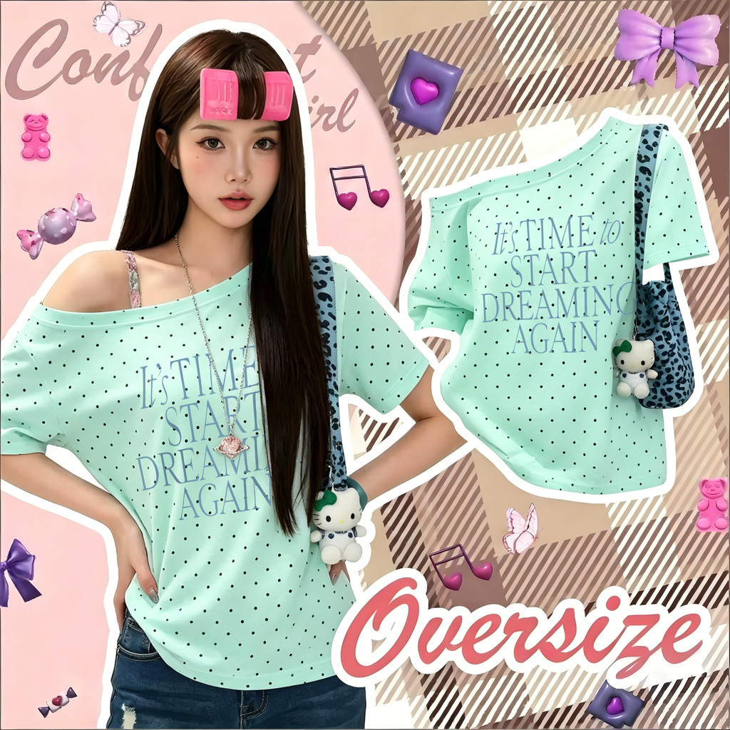 🌷Su.Tee🌷เสื้อปาดไหล่ผู้หญิงน่ารัก ลายจุด สไตล์เกาหลี  ดีไซน์สุดคลาสสิก โคตรนุ่ม สำหรับทุกโอกาส  ไม่ต้องรีด "TIME START"
