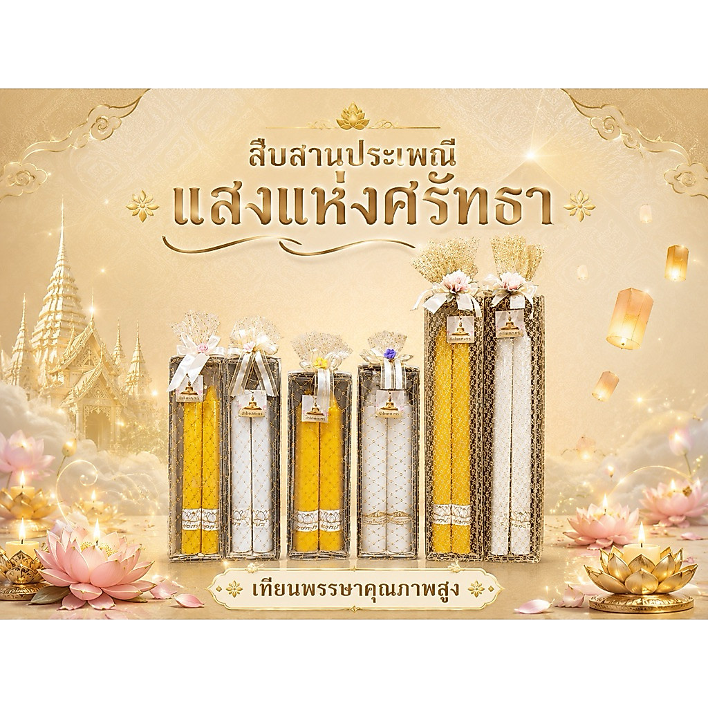 เทียนพรรษา เทียนคู่ เทียนถวาย  เนื้อเทียนบริสุทธิ์ ขนาด No.6/No.5/No 4. (5A)พร้อมส่งค่ะ