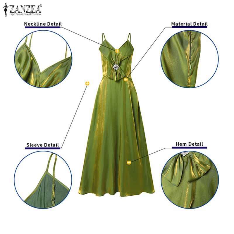 ZANZEA ผู้หญิงชุดราตรีเกาหลี V คอเพชร Embellish Bows ออกแบบแขนกุดผ้ามัน Maxi Slip Dresses — صورة 7