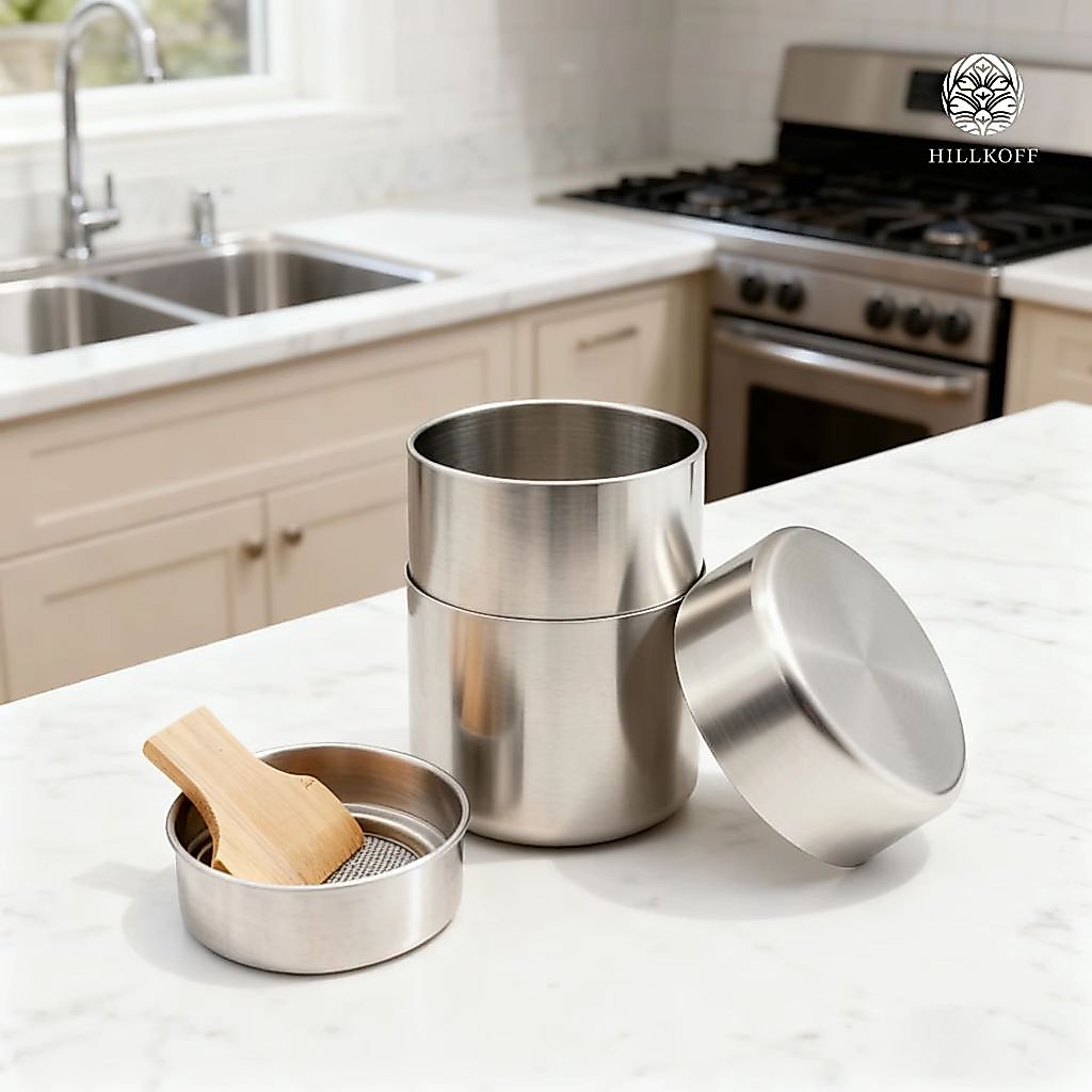 Hillkoff : Tin stainless steel Canister with Sifter  กระป๋องสแตนเลส กระป๋อง ทรงกระบอก พร้อมตะแกรงร่อนผงชาในตัว