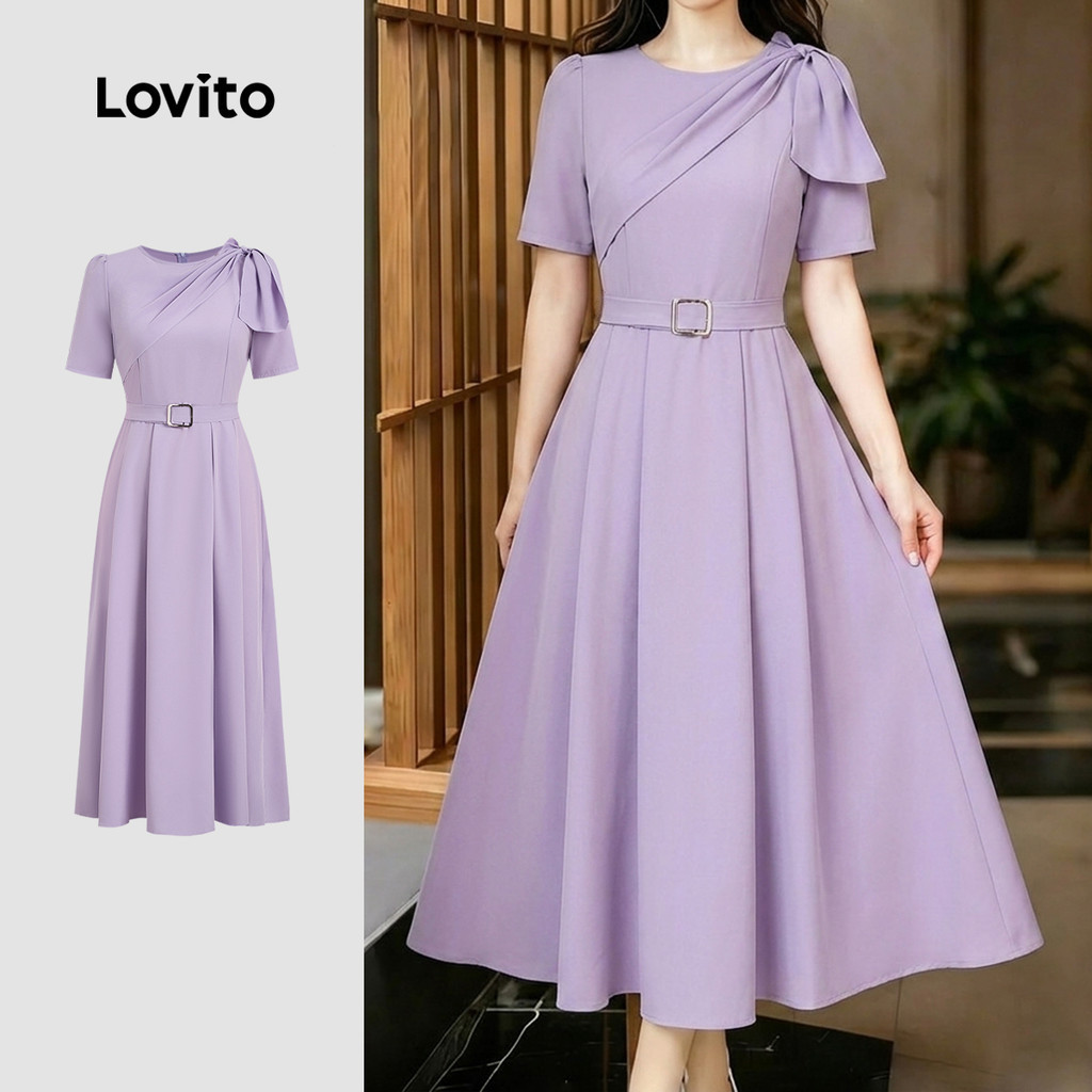 Lovito เดรสสีม่วงทรงไม่สมมาตรพร้อมเข็มขัดสไตล์ฤดูใบไม้ผลิ/ฤดูร้อนสําหรับผู้หญิง LK5EDD433