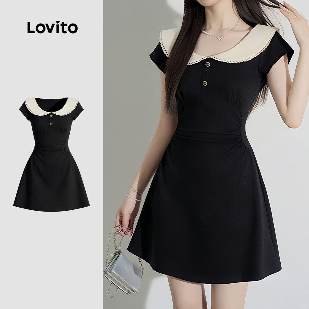 Lovito เดรสผู้หญิงสไตล์เพรปปี้ สีดํา ลายสีบล็อก เหมาะสําหรับใส่ไปทํางานหรือเดินทางในฤดูใบไม้ผลิและฤดูร้อน เกาหลี อินเทรนด์ LK5AD185