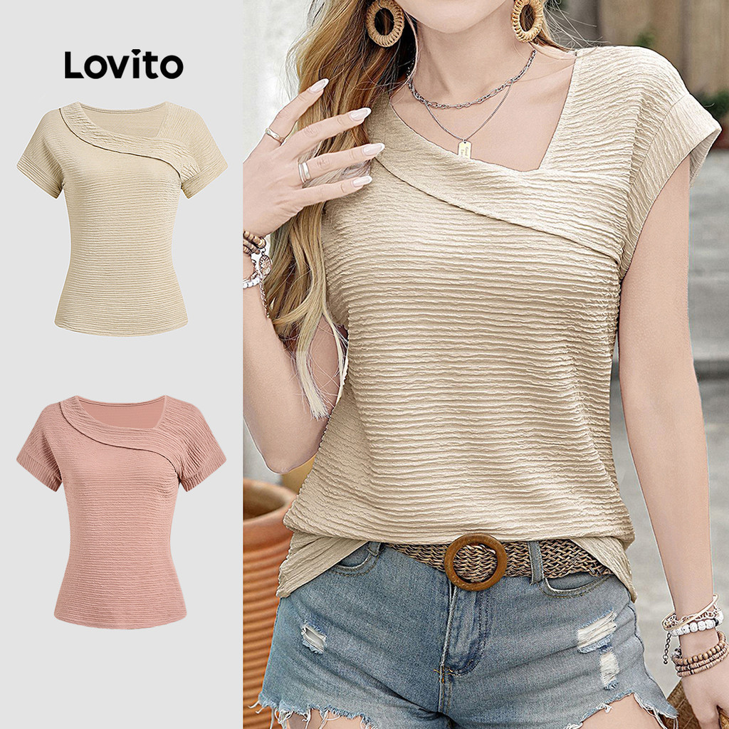 Lovito แคชชวล เสื้อลําลองคอปกความคมชัดแบบอสมมาตรฤดูใบไม้ผลิ/ฤดูร้อนเสื้อสีกากีอ่อนสําหรับผู้หญิง L134ED658