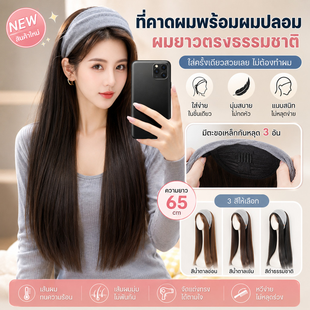 COD ที่คาดผม+วิกผม ถอดได้ 65CM ใส่ง่าย เส้นไหมทนความร้อนสูง ทำให้หน้าดูเล็กลง ผมหนาเกรดไฮเอนด์