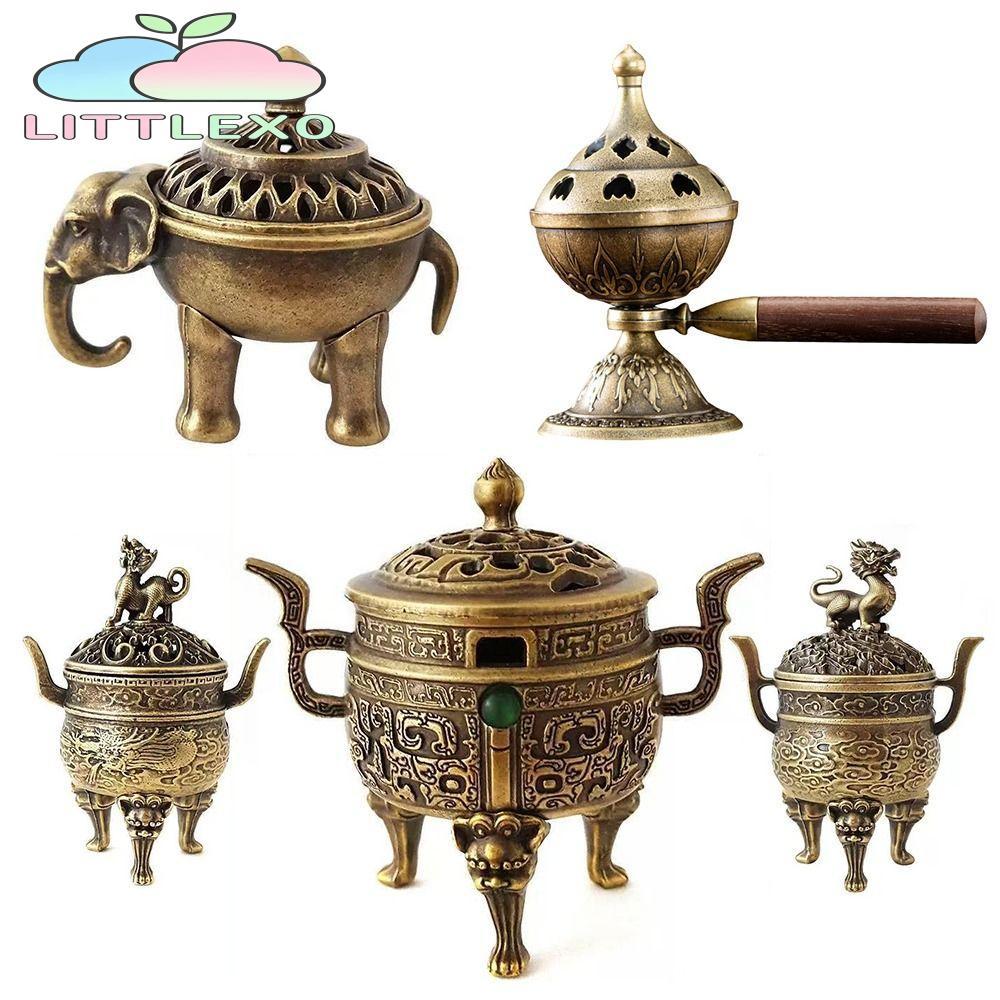 LITTLEX Lotus ธูป Censer, Vintage Alloy Hollow Out ไม้จันทน์ธูป Burner, ปีม้าช้าง Lucky Mini เตาสามขาสําหรับพิธีชงชาตกแต่งบ้าน