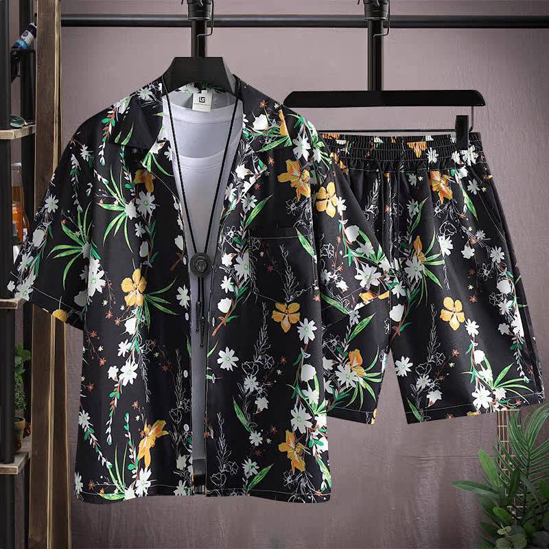 Men's Summer Thin Loose Short Sleeve Floral Shirt Hawaiian Couple Beachwear Suit VFUs