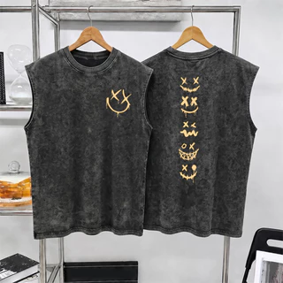 Sea.Tee แขนกุด Oversize ผ้าคอตตอน 100% "XX smiley face" เสื้อกีฬา แฟชั่น สบายนุ่ม ไซส์ S-3XL