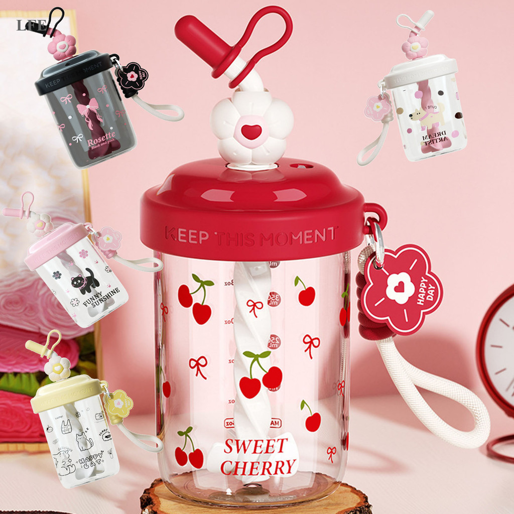 LFE 580ml ถ้วยผสมนักเรียนสีขาว-คอกาแฟโปรตีนผงถ้วยน้ําน่ารักการ์ตูนแบบพกพาความจุขนาดใหญ่ถ้วยฟาง