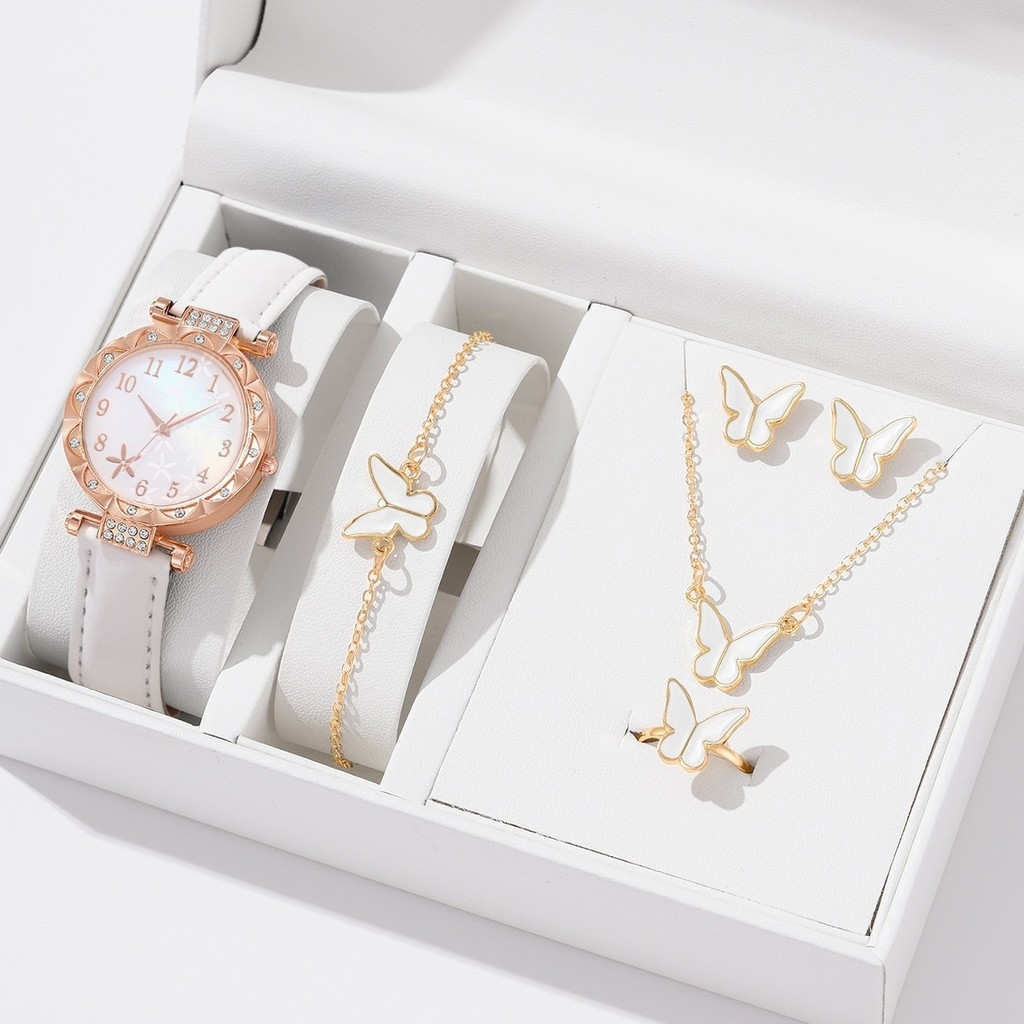 ️ tangan 2025 jam perempuan hadiah วันเกิด wanita แฟชั่นชุดห้าชิ้นหรูหรานาฬิกาเครื่องประดับ! ผีเสื้อ