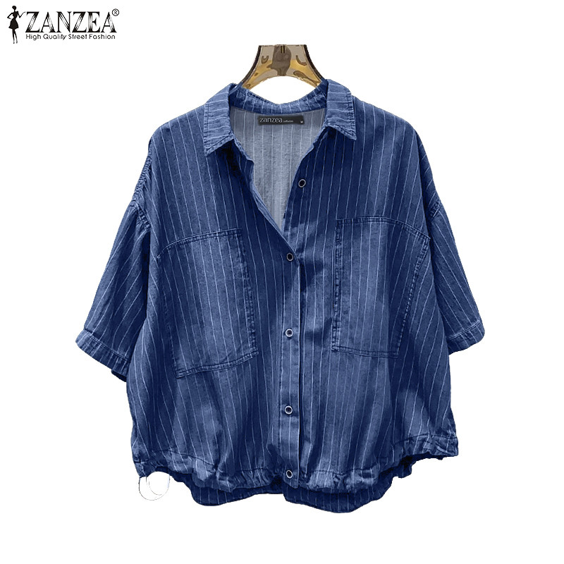 ZANZEA เสื้อเชิ้ตผู้หญิงสไตล์เกาหลี สำหรับทำงานหรือใส่ลำลอง ออกแบบปกพับได้และแขนกระบอกลายทาง
