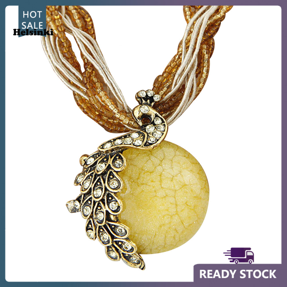 HLS สร้อยคอมุกนกยูงสไตล์โบฮีเมียนสำหรับผู้หญิง ประดับคริสตัลและหิน.fake.opal เป็นของขวัญที่สวยงาม