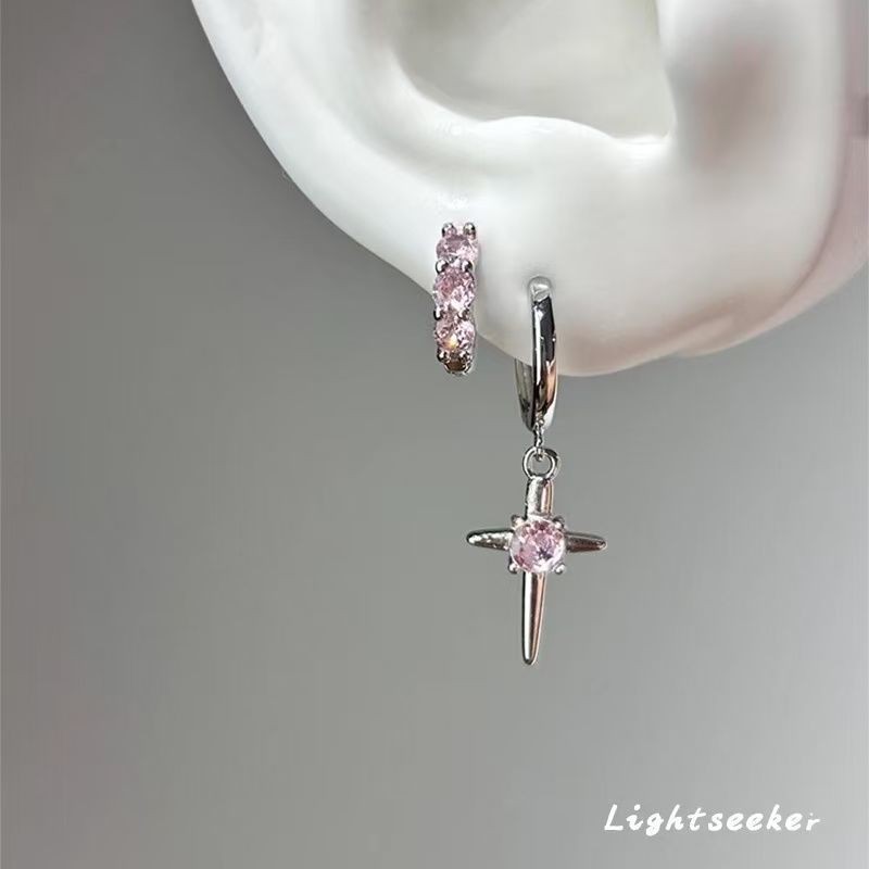 ต่างหู Zircon Cross Star สีชมพู ดีไซน์สองชั้นสไตล์ Ins cool feeling ผลิตจากเงิน 999 คุณภาพดี F6KP