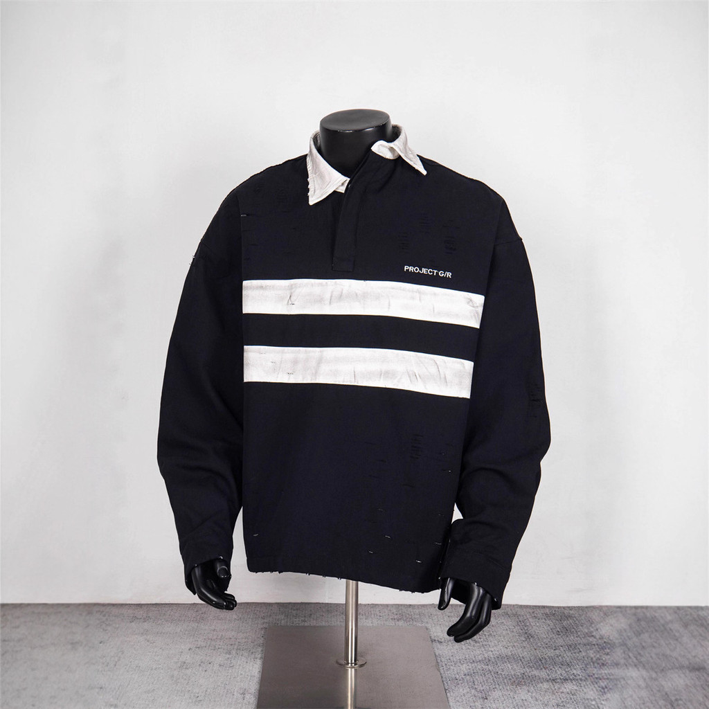 VP9O GRAILZ Vintage Spray Paint Cut Irregular Collar Long Sleeve for Men and Women polo Shirt