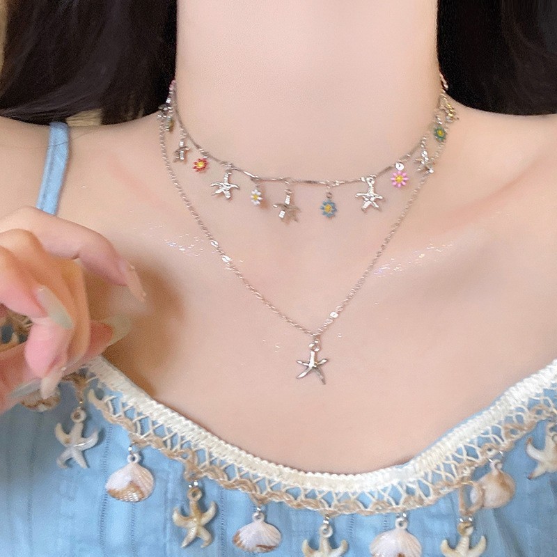 สร้อยคอ ชุดสองชิ้น จี้รูปปลาดาว ตกแต่งดอกเบญจมาศ ปรับได้ ins สไตล์เกาหลี แฟชั่น หรูหรา COD S1549