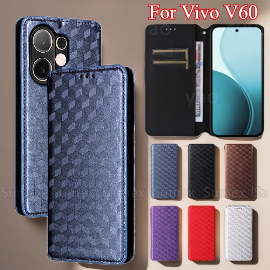 Lattice แม่เหล็กหนังสําหรับ Vivo V60 V2511 Lite 5G เคสโทรศัพท์ Stand Holder ช่องใส่การ์ดกระเป๋าสตางค