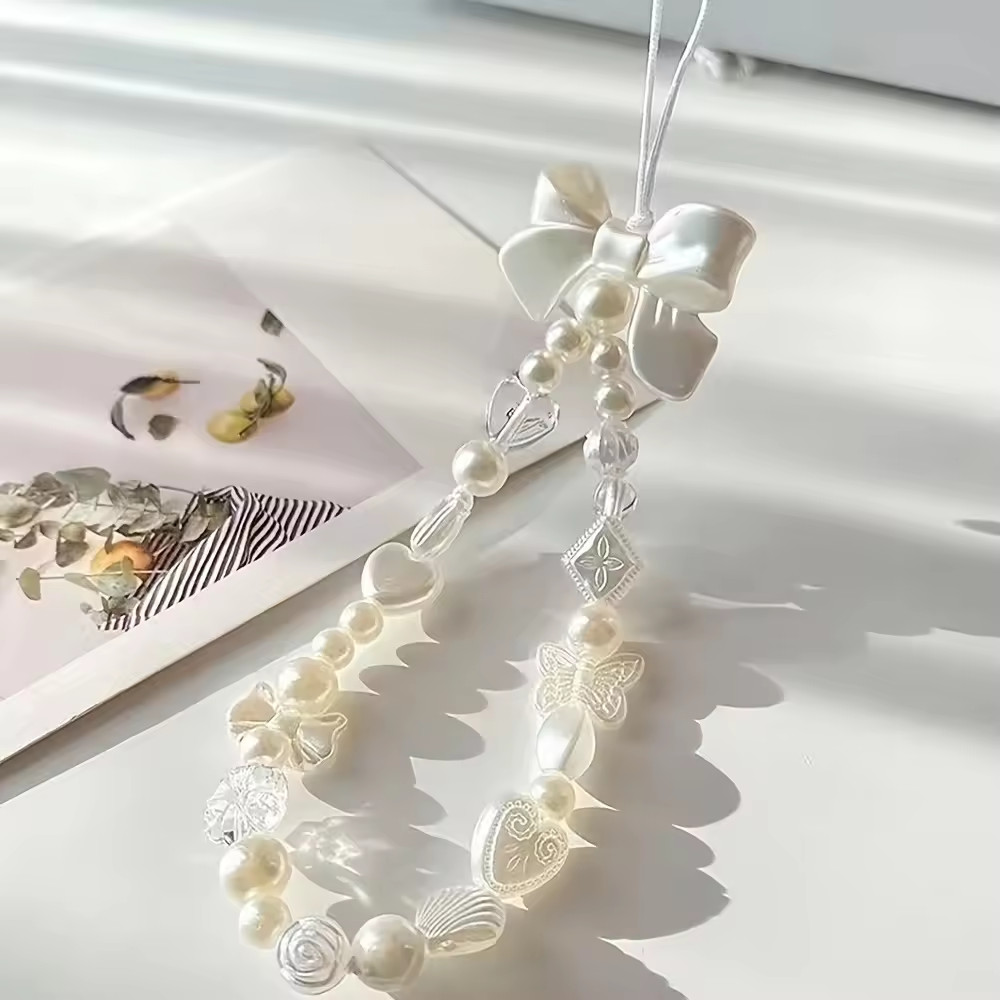 น่ารัก Pearl Love Heart Bowknot โทรศัพท์ Chain Charm Lanyard สําหรับ iPhone Samsung Huawei Universal อุปกรณ์เสริมเครื่องประดับจี้