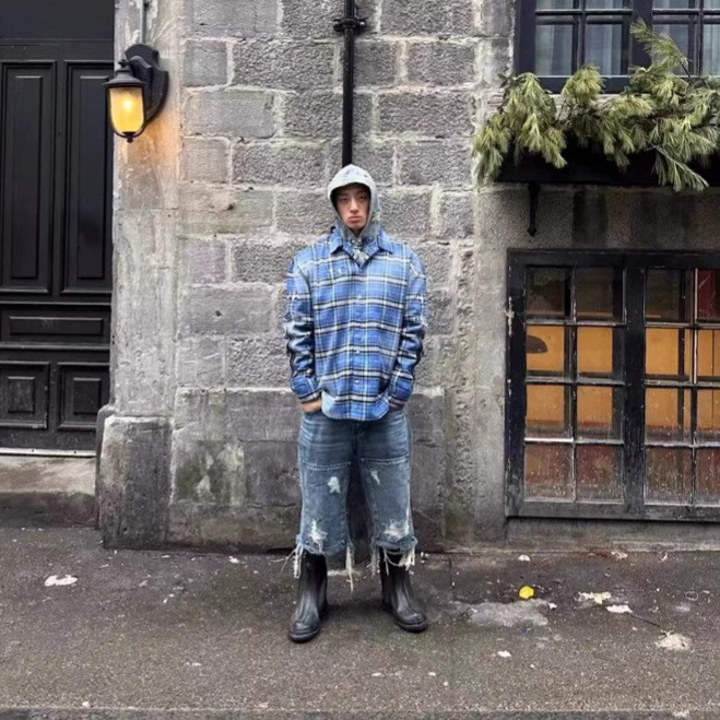 3O9X Thug Club 24FW Sword Embroidery Distressed Blue Plaid Pattern Star and Moon Metal logo Shirt Ja