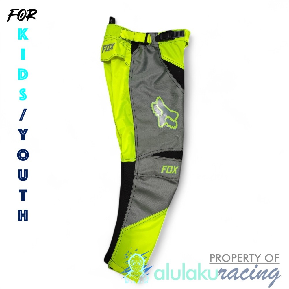 กางเกงวิบาก MX Kids Trail พร้อมแพทช์พรีเมี่ยม - สีเทา Fluogreen