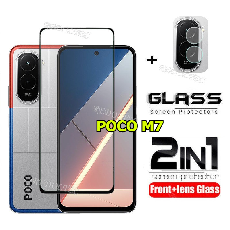 POCO M7 4G 2 in 1 ป้องกันหน้าจอ + เลนส์ป้องกันคลุมทั้งหมดกาวเต็ม Xiaomi POCOM7 ฟิล์มกระจกนิรภัยป้องกันด้วยกล้อง Flim ป้องกัน