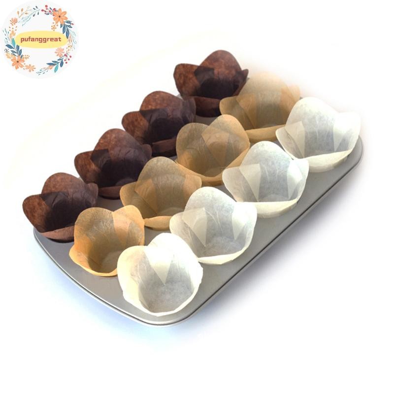 Pufanggreat 100 ชิ้น Lotus สไตล์ Cupcake Liner ถ้วยเบเกอรี่ Lotus มัฟฟิน Cupcake ถ้วยกระดาษ Oilproof เค้ก Wrapper Bakeware Pastry เครื่องมือ TH
