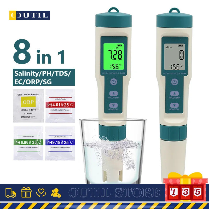 8 IN 1 Digital Water Quality PH Test Pen TDS/EC/PH/ORP Temp Meter การวิเคราะห์ Hydrogen Instruments 