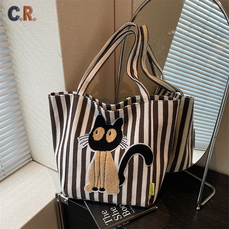 C.R.กระเป๋า Tote/สะพายเดี่ยว สไตล์เกาหลี | ปักลายการ์ตูนแมวน่ารัก | เนื้อผ้าใบ | กระเป๋าใช้งานประจำวันความจุใหญ่สำหรับผู้หญิง