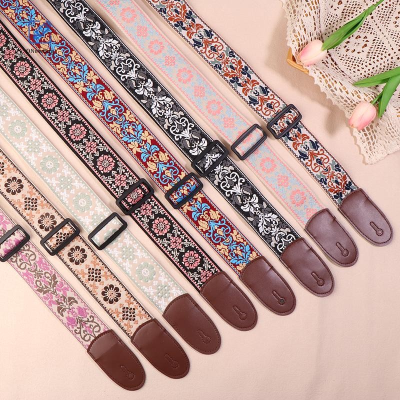 ใหม่ สายกีตาร์เบสผ้าฝ้ายหนังเย็บปักถักร้อยสายรัดปรับสายคล้องคอกีตาร์ไฟฟ้าอะคูสติกเบสอุปกรณ์เสริม Bng