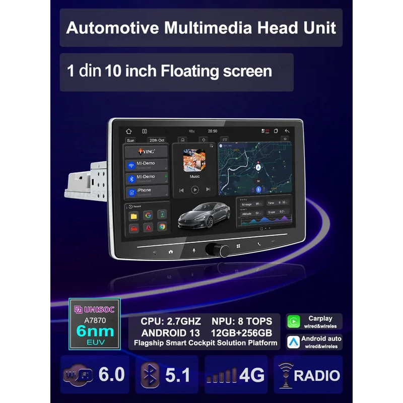 7870 หน้าจอ Android 2.7GHZ CPU 1 din 10 นิ้ว Qled Monitor Carplay Android Auto Car สเตอริโอลอยหน้าจอ