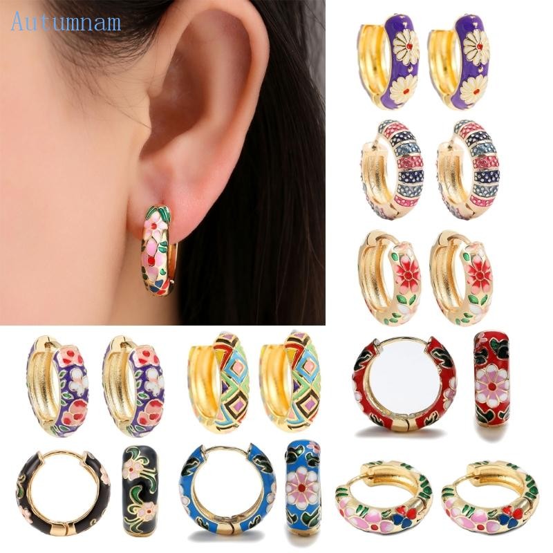 Hoop Earrings ทรงตาเรโทร แบบวงกลม Huggies เครื่องประดับแฟชั่น