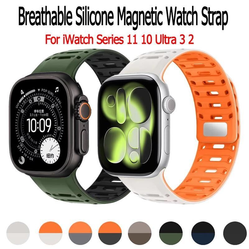 ห่วงแม่เหล็กสําหรับ IWatch Series 11 10 Ultra 3 2 Sport Silicone Breathable Bracelet Strap สําหรับ i