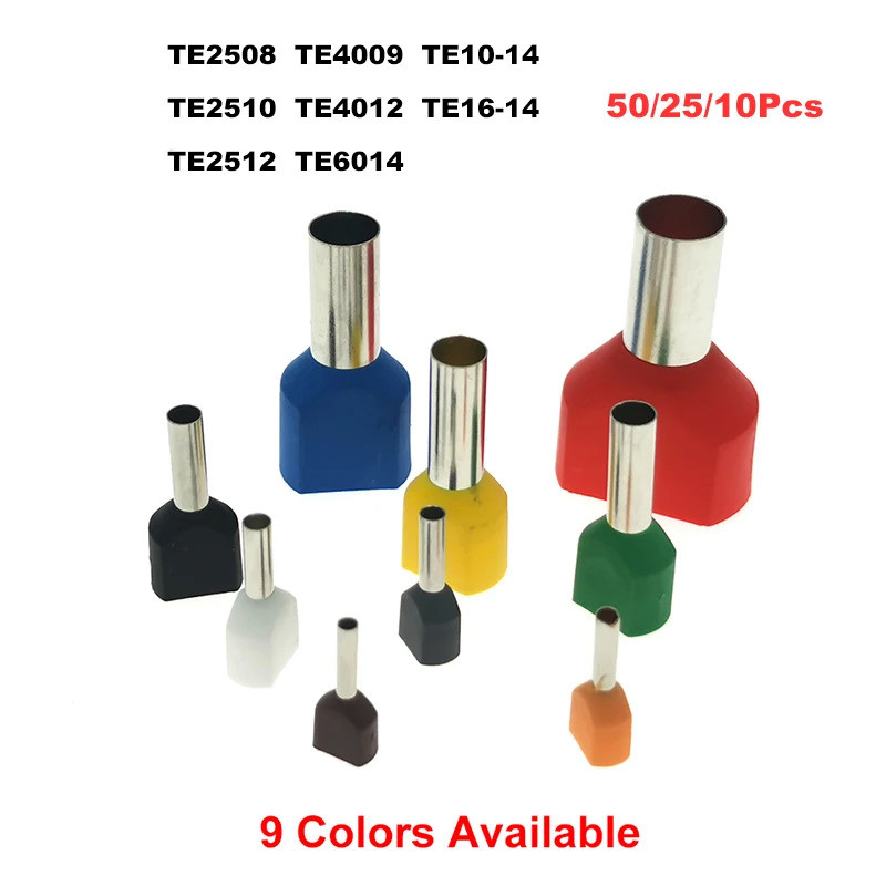 50/25/10 ชิ้น Dual Wire Tube Insutated Cord End Crimp Terminals TE2508 ~ TE16-14 สายไฟคู่ทองแดง Ferr